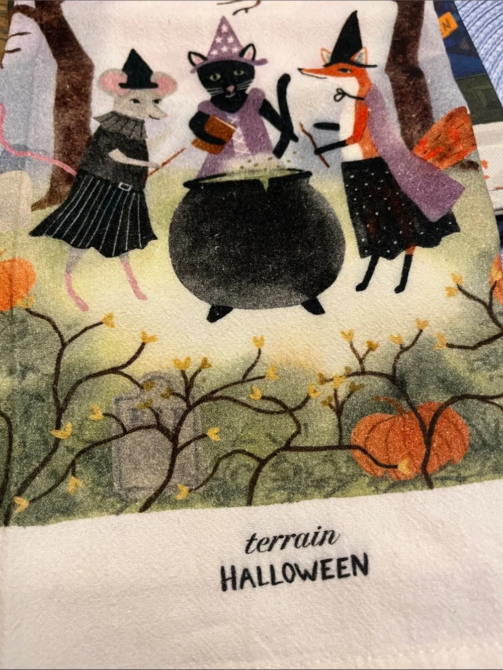 Anthropologie Terrain Halloween Printed Kitchen Towel, White & Purple New